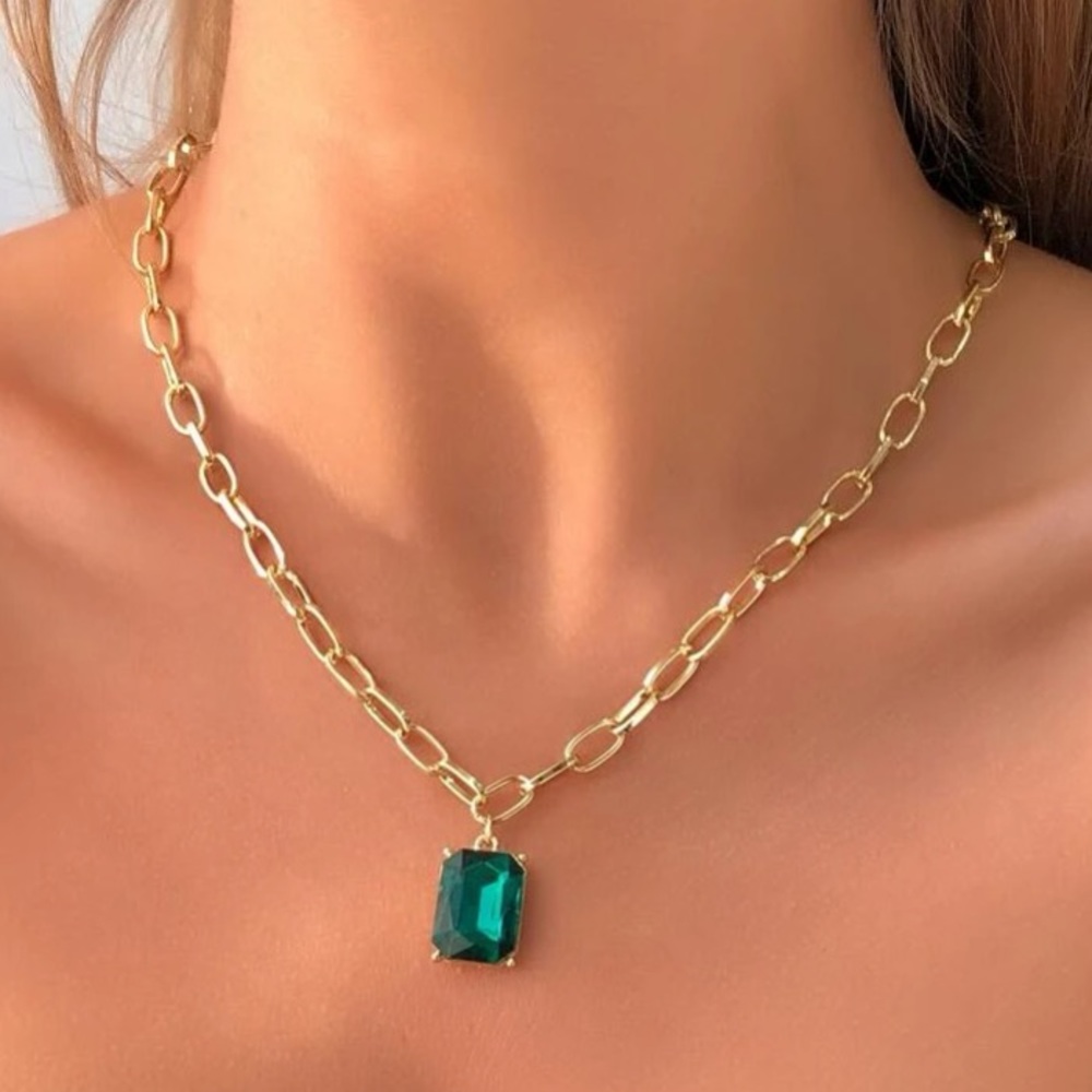 Stunning Geometric Emerald Green & Gold Chunky Bold Chain Necklace - Picture 4 of 10